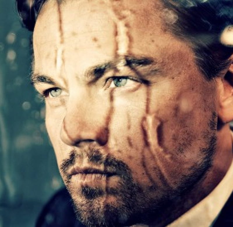 Leonardo DiCaprio, wet, window, man, glass, rain, face, actor, blue, HD wallpaper