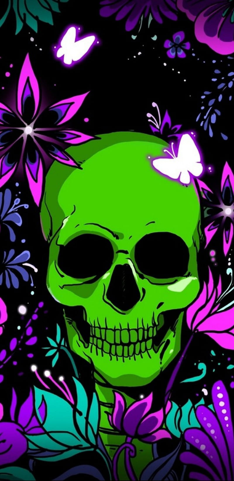 Neon Skull, butterflies, butterfly, colourful, floral, flower, pretty, HD phone wallpaper