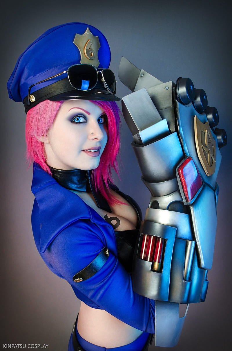 women, model, cosplay, portrait display, simple background, costumes, pink hair, League of Legends, piercing, cleavage, dyed hair, sunglasses, police, hat, blue eyes, blue clothing, Number 6, looking at viewer, kinpatsu cosplay, HD phone wallpaper