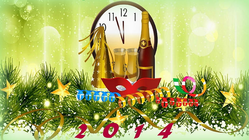 ..Countdown of New Year.., ornaments, new year 2014, 3-dimensinal art, holidays, glasses, ribbons, seasons, xmas and new year, greetings, decorations, bottles, stars, festivals, creative pre-made, clock, abstract, happy, champagne, celebrations, HD wallpaper