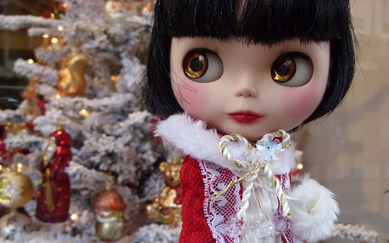 Christmas doll, red, tree, craciun, christmas, toy, white, eyes, doll, HD wallpaper