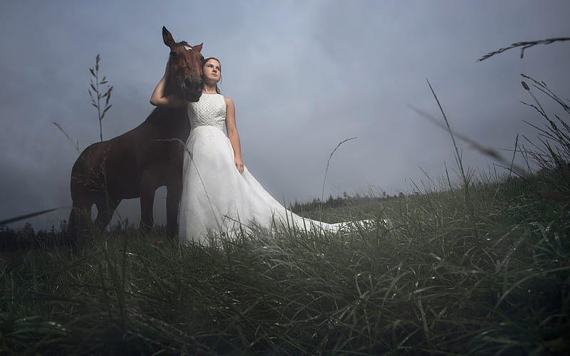 Don't Be Afraid, brunettes, storm clouds, horses, cowgirls, ranch, HD wallpaper