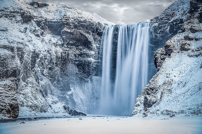 Skogafoss Waterfall, Iceland, ice, waterfall, iceland, snow, winter, HD wallpaper