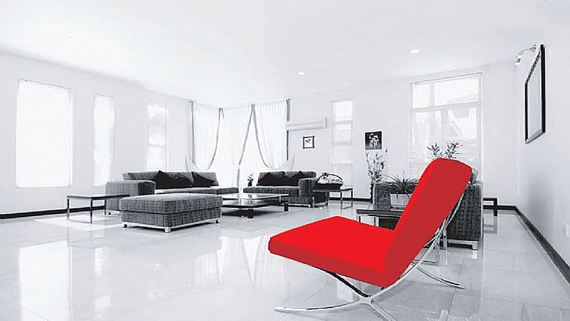 red chair, red, room, white, zynah, HD wallpaper