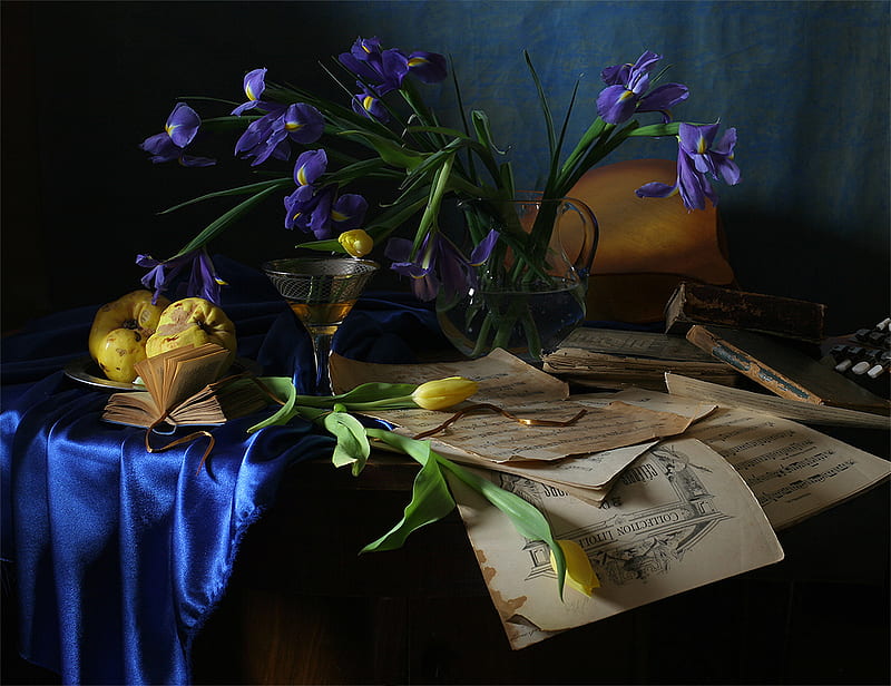 still life, books, fruits, yellow, bonito, silk, old, graphy, nice, jug, flowers, drink, musical notes, tulips, tulip, blue, harmony, satin, music, elegantly, water, cool, guitar, bouquet, cup, flower, quince, irises, iris, HD wallpaper