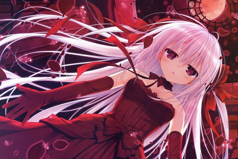 Lexica  Anime girl with white hair and red eyes smiling teeth showing  vampire teeth red eyes happy looking up grayscale with red iris  realis