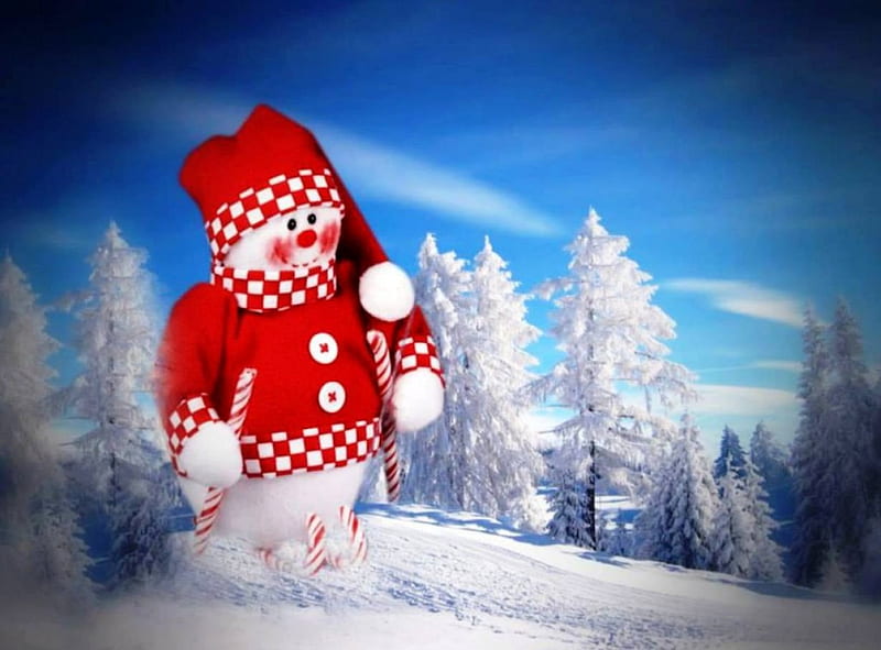 Happy holidays for my friend Marianne (plume-dargent ), red, holidays, trees, abstract, joy, snowman, ski, happy, winter, cute, graphy, snow, landscape, HD wallpaper