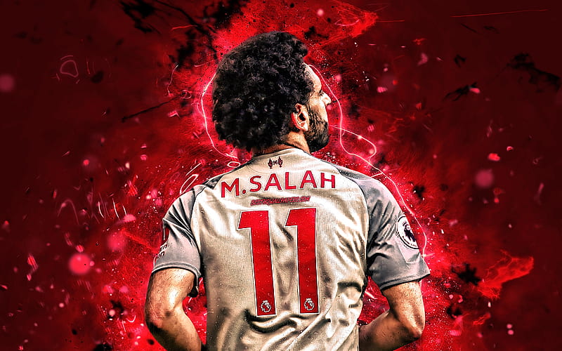 Mohamed Salah, back view, LFC, gray uniform, egyptian footballers, Liverpool FC, Salah, Premier League, Mo Salah, soccer, neon lights, Salah Liverpool, HD wallpaper