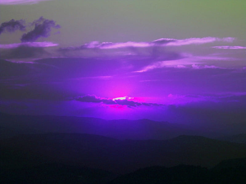 PURPLE DAWN, dawn, purple, mountains, clouds, sky, HD wallpaper