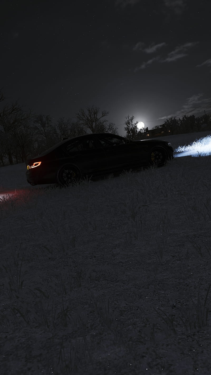 BMW M5 Noite, lua, moon, neve, night, snow, HD phone wallpaper