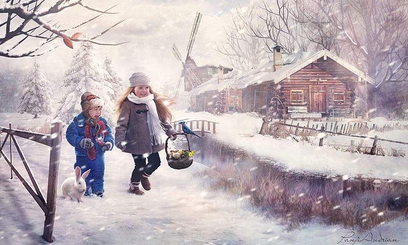 Winter Happiness, snow, sweet, winter, scenic, happiness, children, HD wallpaper