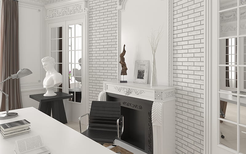 stylish cabinet interior design, office in white, a fireplace in the office, white brick walls in interior, classic interior design, HD wallpaper