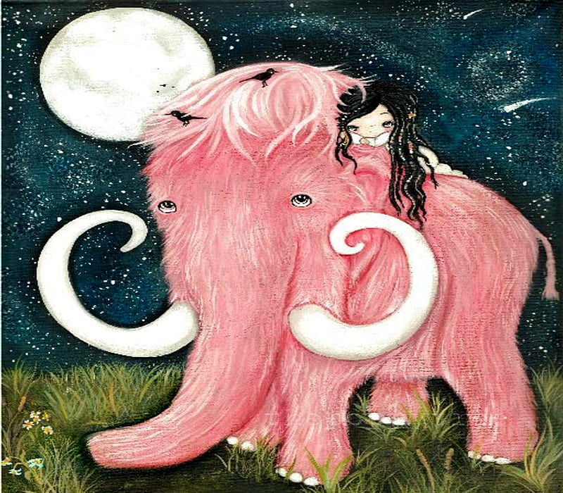 Pink Woolly Mammoth And Girl, GIrl, Cute, Pink, Woolly, Moon, Mammoth, HD wallpaper
