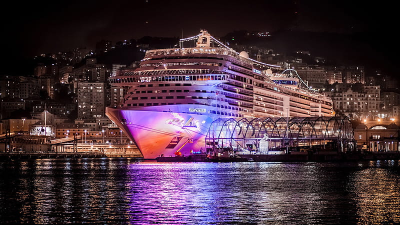 Large Cruise Ship With Glittering Lights On Port During Nighttime Cruise Ship, HD wallpaper