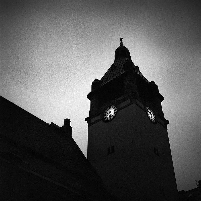 tower, chapel, clock, evening, black and white, HD phone wallpaper