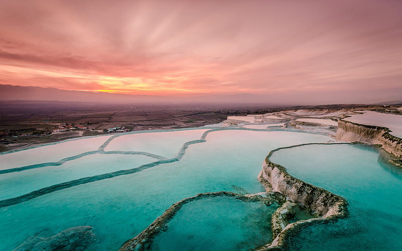 Pamukkale, Hot Springs, limestone terraces, evening, sunset, Denizli Province, Turkey, HD wallpaper