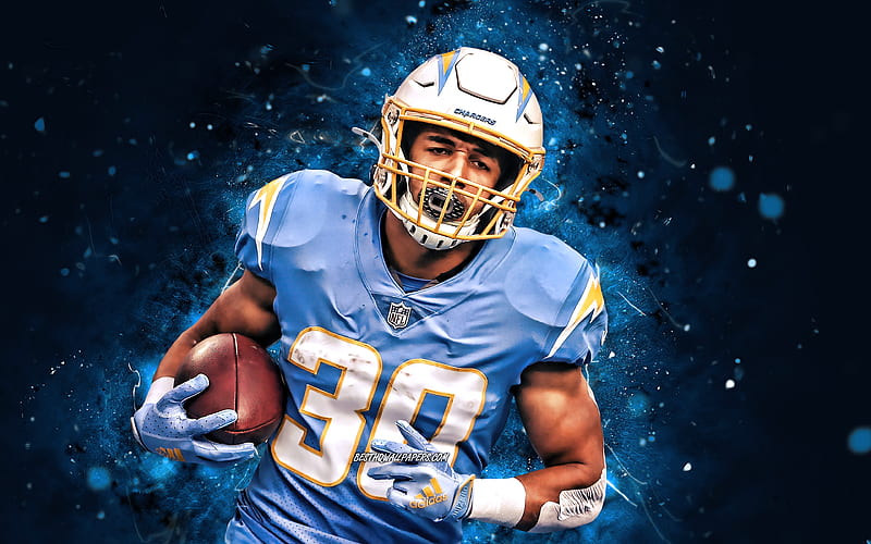 Austin Ekeler, , NFL, running back, Los Angeles Chargers, american football, LA Chargers, National Football League, blue neon lights, Austin Ekeler LA Chargers, HD wallpaper