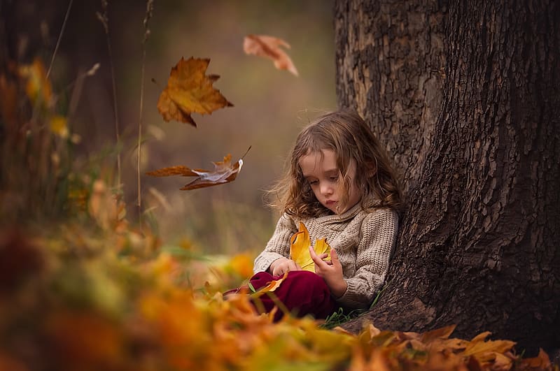 Leaf, Fall, Child, Brunette, , Little Girl, Depth Of Field, HD wallpaper