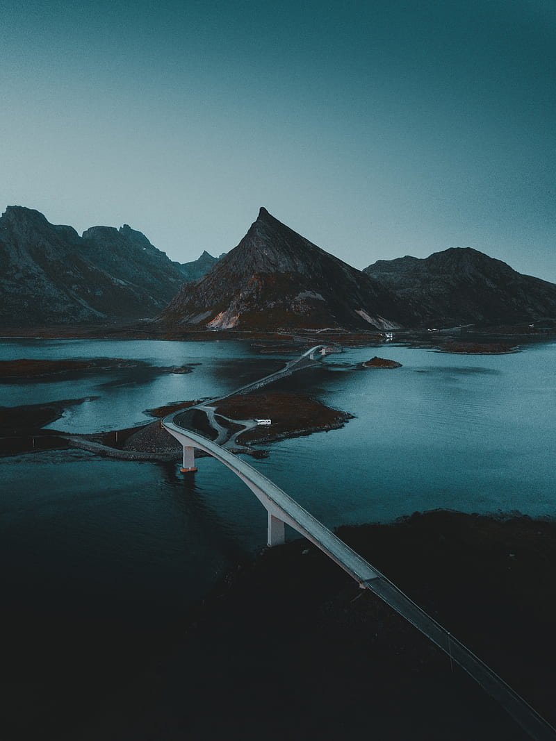 mountains, water, road, bridge, gloom, HD phone wallpaper