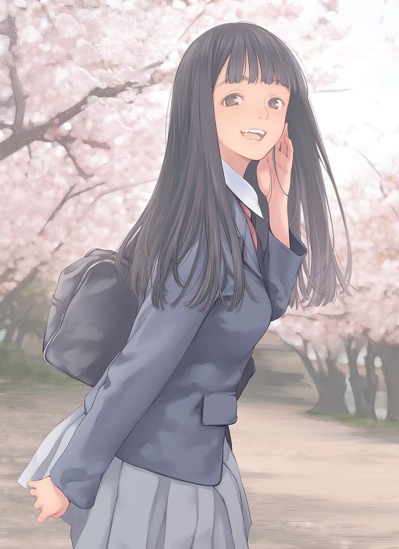anime school girl, smiling, long hair, uniform, cherry blossom, bag, Anime, HD phone wallpaper