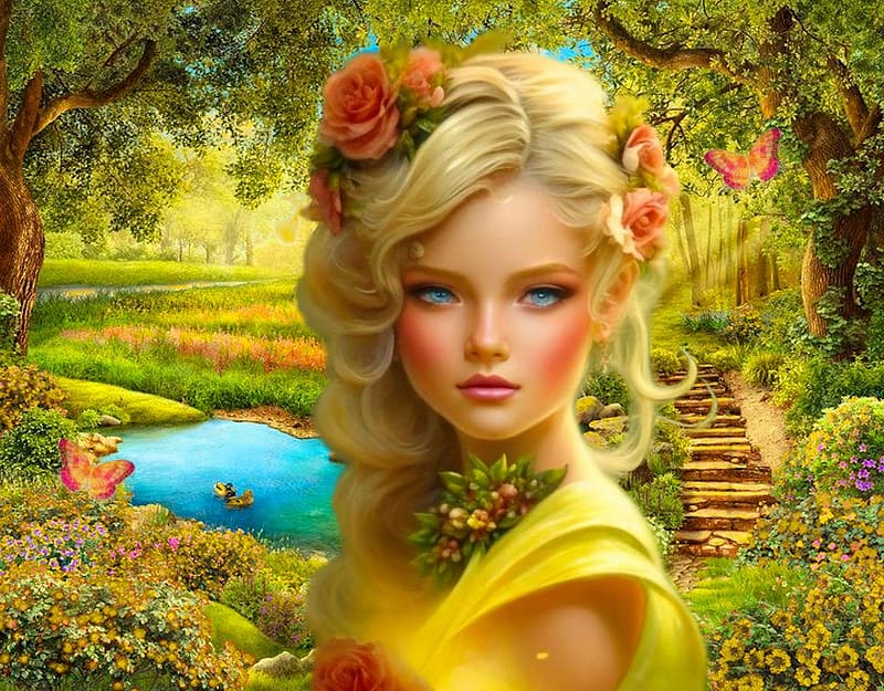 Secret Garden, pond, colorful, blue, vibrant, butterflies, pink, vivid, green, yellow, bright, bridge, trees, bold, flowers, HD wallpaper