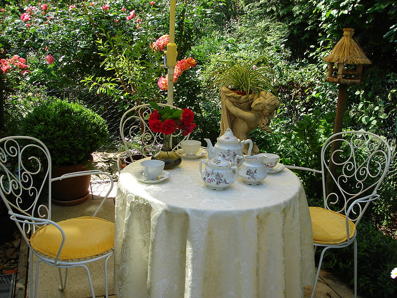Rose Garden Tea Party, table, party, home, setting, garden, roses, tea, HD wallpaper