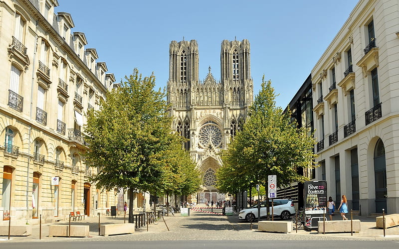 Cathedral in Reims, France, streetscape, Reims, France, church, cathedral, HD wallpaper