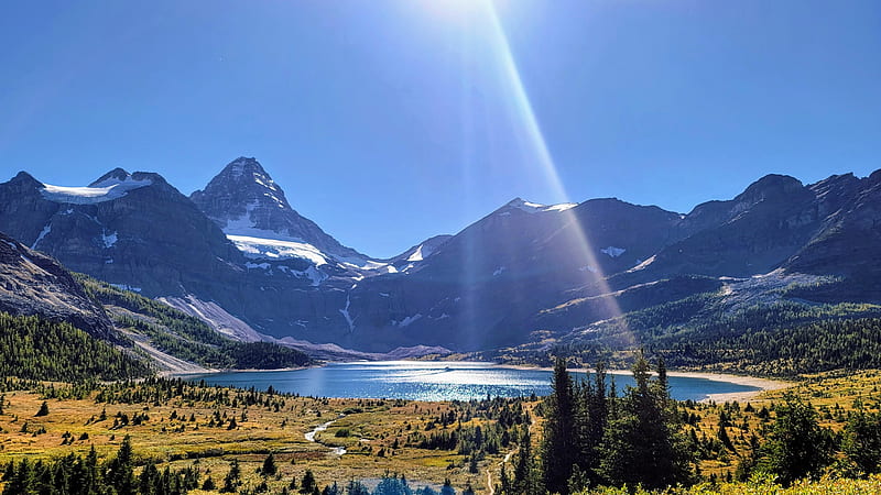 Magog Lake, Assiniboine provincial park, Canadian Rockies, sunshine, British columbia, sky, mountains, trees, HD wallpaper