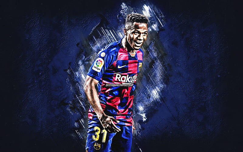 Ansu Fati, FC Barcelona, portrait, blue stone background, football, Champions League, Anssumane Vieira Fati, HD wallpaper