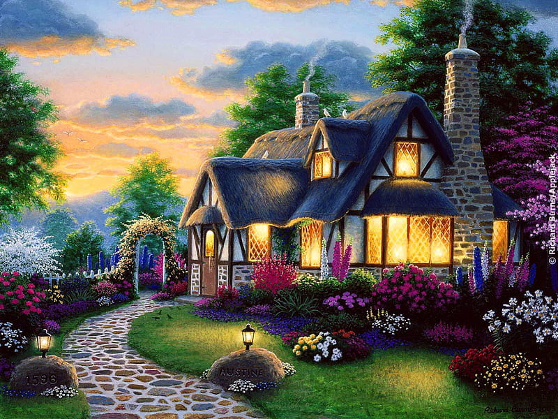 Lovely countryside house, pretty, colorful, house, cottage, cabin, bonito, countryside, nice, calm, painting, village, light, quiet, lovely, spring, sky, trees, yard, serenity, peaceful, summer, garden, nature, alley, HD wallpaper