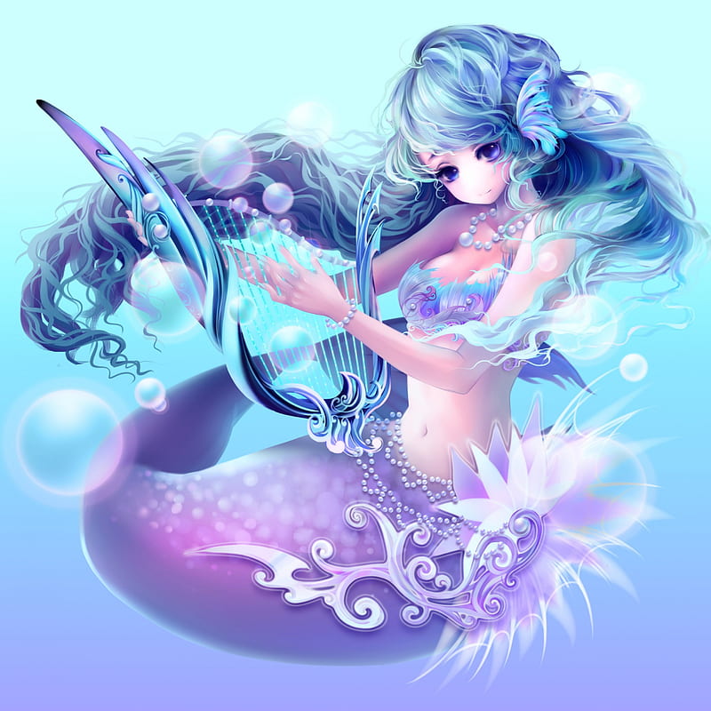Blue Mermaid, cg, bonito, magic, anime, harp, hot, beauty, anime girl, realistic, long hair, blue, underwater, bubble, female, mermaid, sexy, water, girl, fantasy girl, blue hair, lady, maiden, HD wallpaper