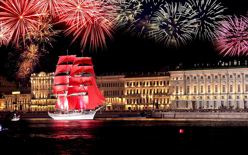 Fireworks and Ship, red, ship, fireworks, masts, sails, lights, night, HD wallpaper