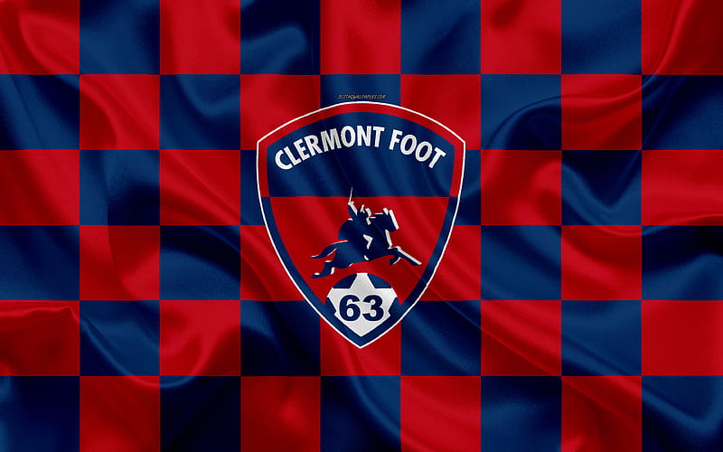 Clermont Foot 63 logo, creative art, red blue checkered flag, French football club, Ligue 2, new emblem, silk texture, Clermont-Ferrand, France, football, Clermont FC, HD wallpaper