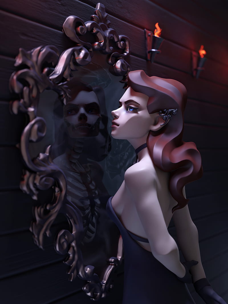 Anna Tutova, skeleton, standing, reflection, sideboob, digital art, redhead, bare shoulders, blue eyes, demon girls, CGI, 3D, bareback, mirror, portrait display, women, ArtStation, HD phone wallpaper