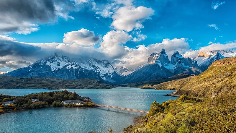 Lake Pehoe, Torres del Paine NP, Chile, peaks, trees, clouds, sky, water, rocks, mountains, HD wallpaper