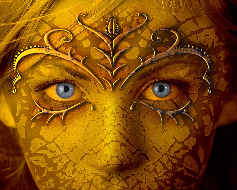golden girl, gold, eyes, girl, blue, HD wallpaper