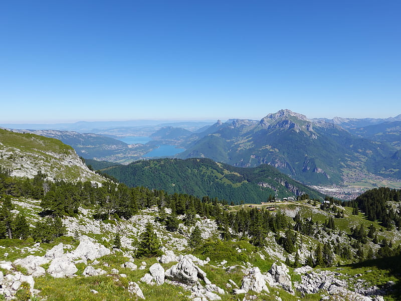 mountains, trees, stones, lake, horizon, view, landscape, HD wallpaper