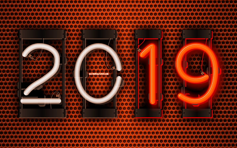2019 year metal grid, creative, orange background, 2019 concepts, neon digits, Happy New Year 2019, HD wallpaper