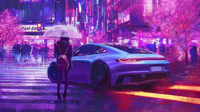 cyberpunk city, urban, crowd, neon lights, painting, raining, sports car, Sci-fi, HD wallpaper