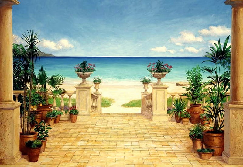 Grand Entrance, columns, ocean, trees, clouds, sea, beach, sand, water, brick walkway, mountains, plants, flowers, urns, steps, HD wallpaper