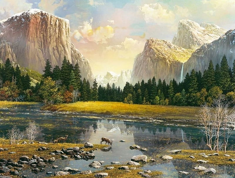 Yosemite Splendor, colorado, usa, national park, river, deer, HD wallpaper