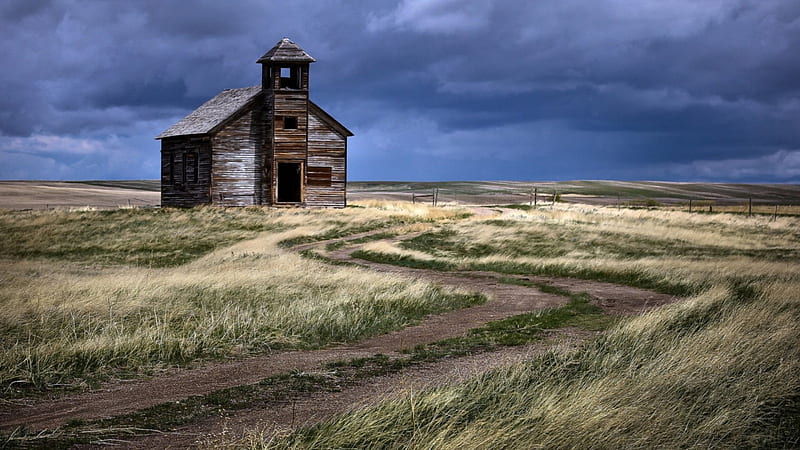 abandoned church on the prairie, prarie, grass, church, road, abandoned, HD wallpaper