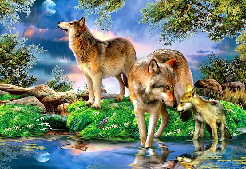 She-wolves, pretty, bonito, mother, nice, wild, painting, river, reflection, animals, art, forest, lovely, lonely, creek, sky, lake, pond, nature, wolf, branches, HD wallpaper