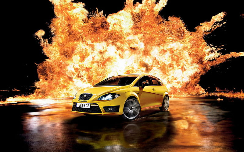 Seat, black, yellow, bonito, yellow-car, carros, fire, flame orange, car, beauty, HD wallpaper
