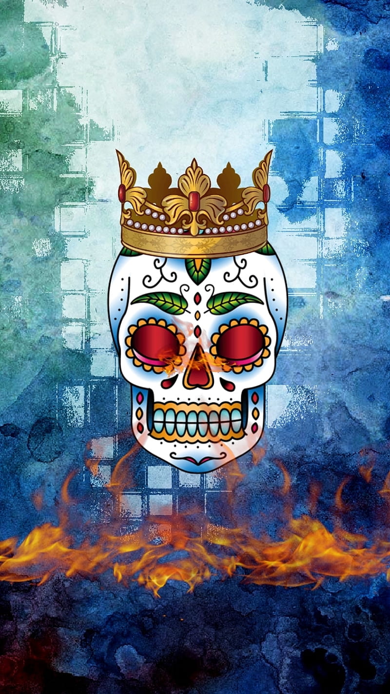 Man on Fire, blue, colorful, crown, flames, skull, sugar, HD phone wallpaper