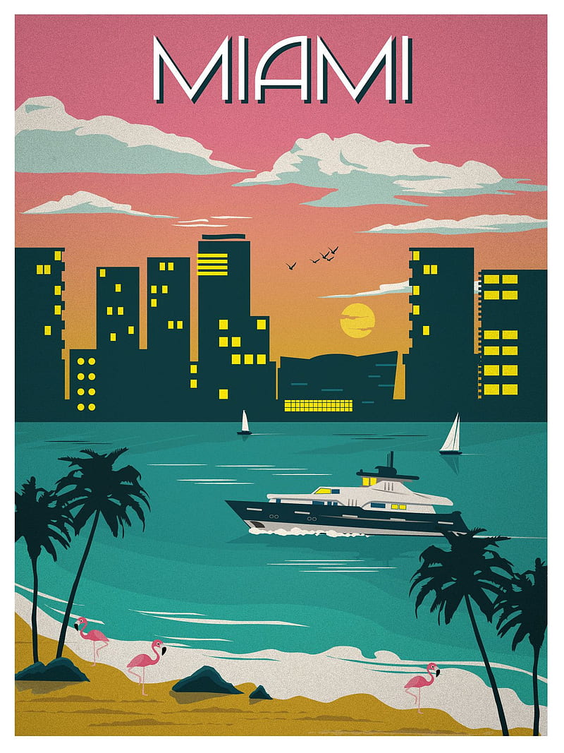 Miami, beach, boat, flamingos, florida, mia, vintage, HD phone wallpaper