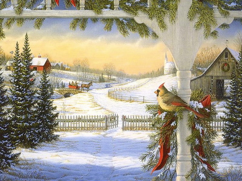Winter feelings, fence, colorful, lovely, feeling, christmas, bonito, barn, winter, splendor, bird, snow, painting, peaceful, color, HD wallpaper