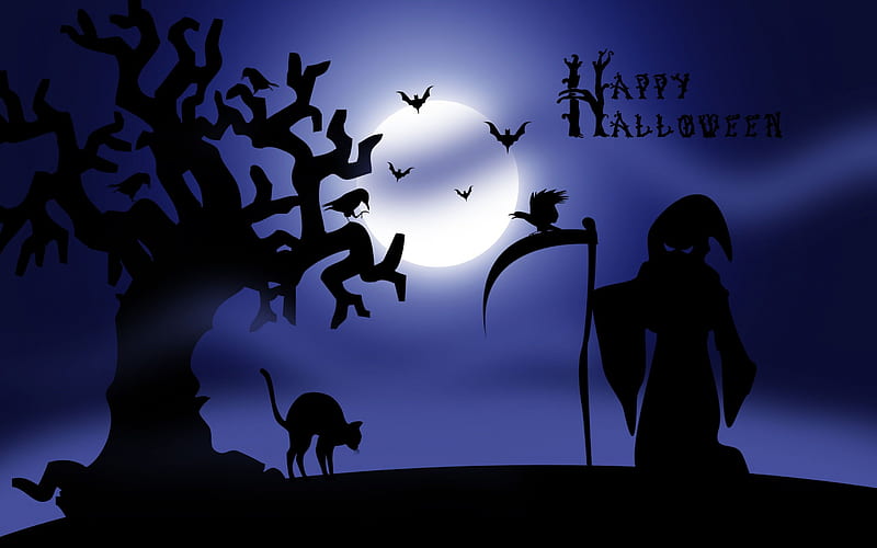 Happy Halloween, Fall, bats, scythes, birds, cat, sickle, grim reaper, tree, moon, reaper, scythe, full moon, Halloween, Autumn, HD wallpaper