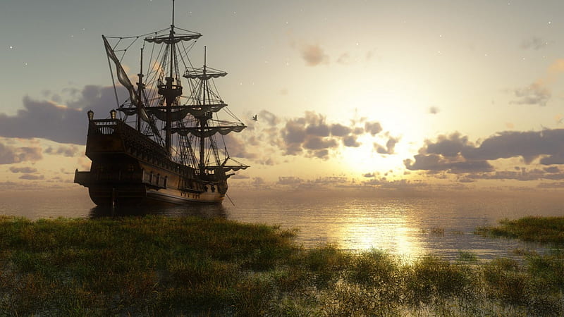 old tall ship anchored at the seashore, shore, anchored, grass, sail ship, sunset, sea, HD wallpaper
