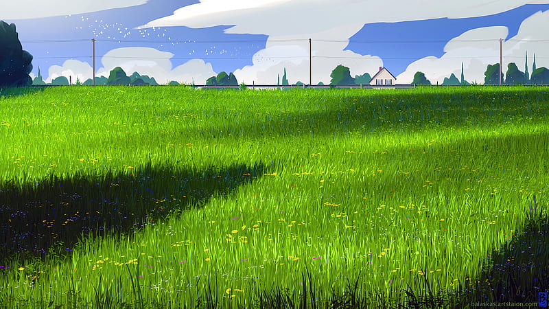 house, meadow, art, field, grass, HD wallpaper
